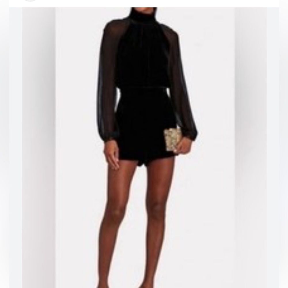 INTERMIX Black Sheer Sleeve Velvet Romper NWT